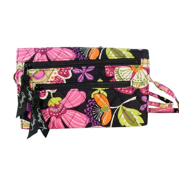 VERA BRADLEY Black/Pink Floral Quilted Cotton Crossbody Wallet Organizer - MINT - Picture 2 of 7